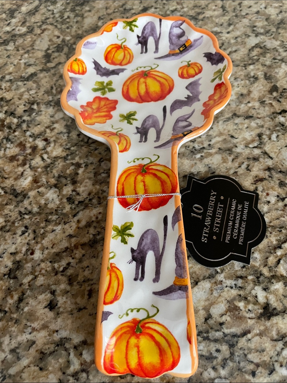 Halloween Pumpkin & Black Cat Ceramic Spoon Rest - Orange